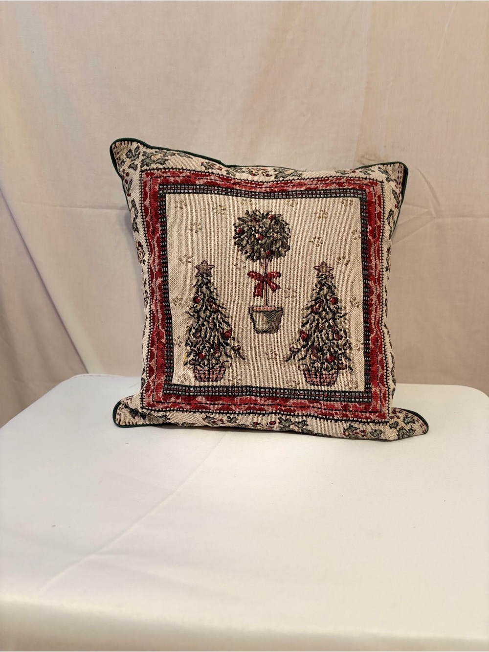 Holiday Tapestry Throw Pillow in Red and Cream